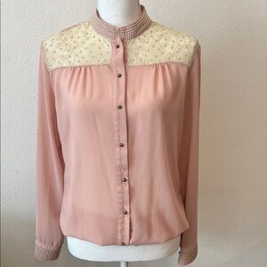 Pearl-Trim Pink Chiffon Blouse with Embroidered Yoke